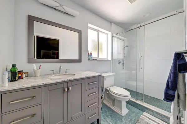 a bathroom with a sink a toilet and shower