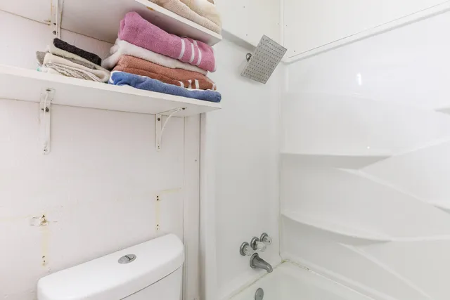 a bathroom with a toilet and shower