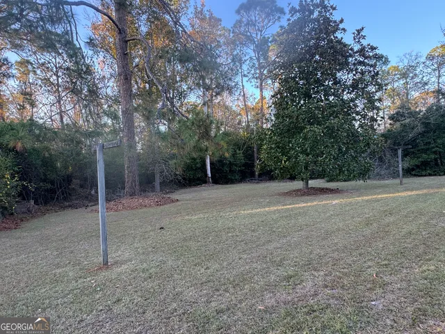 a view of a field with trees in the background