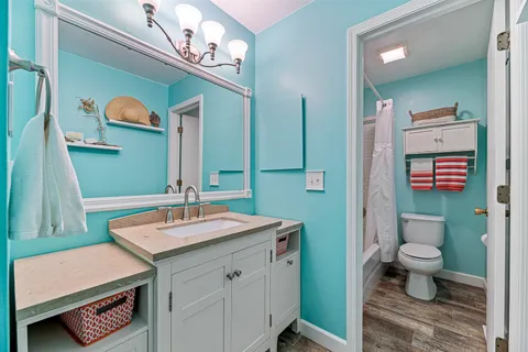 a bathroom with a sink a toilet and mirror