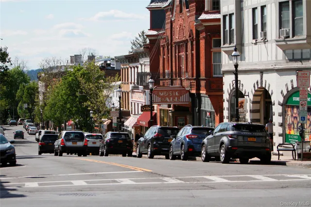 a view of a park that has large trees