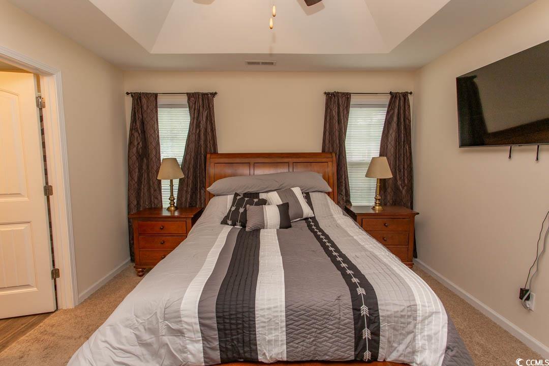 125 St Barnabus Road Loris, SC 29569 - Photo 20 of 39 Bedroom featuring a tray ceiling and light carpet
