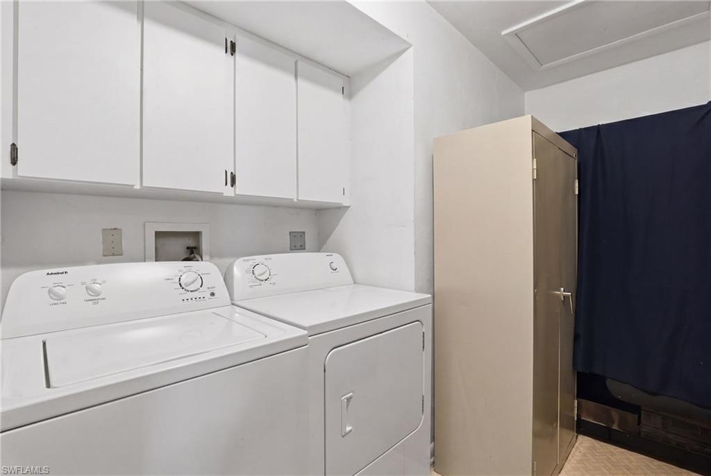 4050 Ice Castle Way, Unit 2812 Naples, FL 34112 - Photo 37 of 49 Laundry area featuring white cabinetry, a built-in washing machine connection, and a ceiling access panel