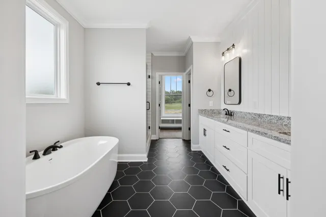 a bathroom with a double vanity sink mirror and bathtub
