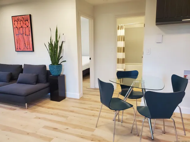 a living room with furniture kitchen view and a potted plant