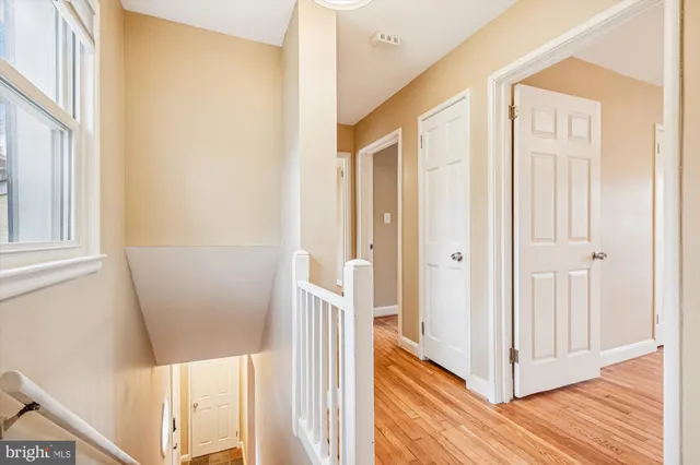 a view of a hallway with wooden floor and entryway