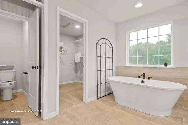 a bathroom with a bathtub and a toilet