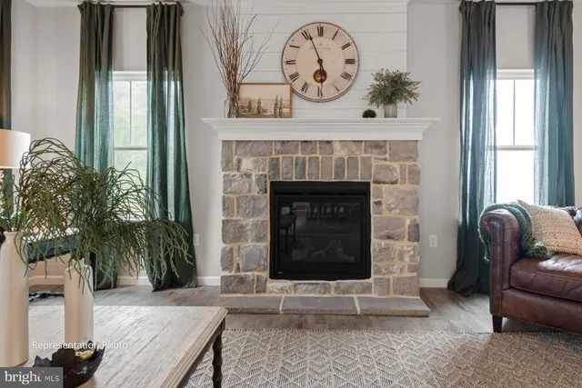 a living room with a fireplace with a potted plant