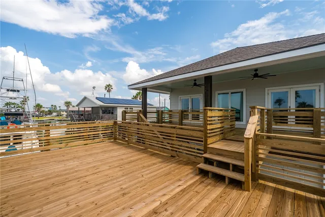 a view of a lake with a terrace