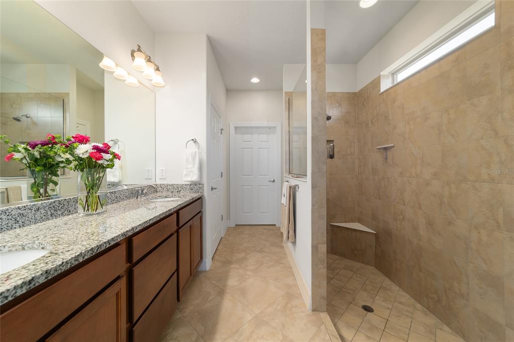 9603 Southwest 67th Street Ocala, FL 34481 - Photo 27 of 63 a bathroom with a granite countertop sink a shower and a mirror