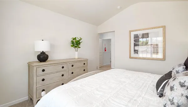 a bedroom with a bed and a dresser