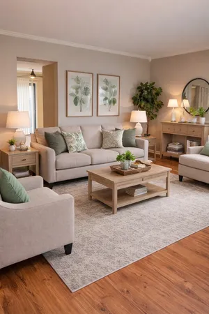 a living room with furniture and wooden floor