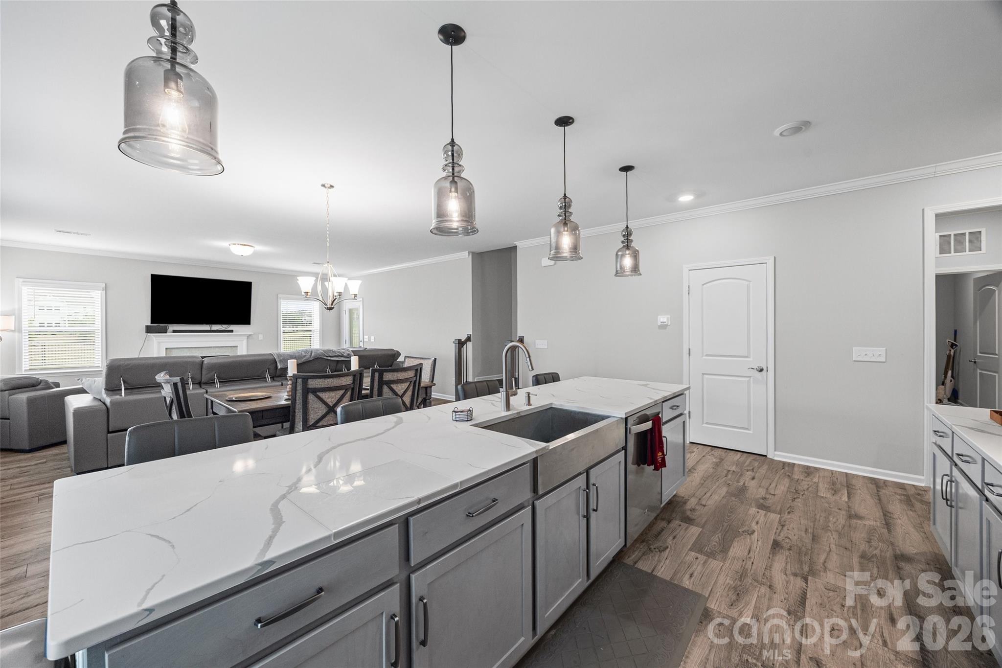 12000 Sam Snead Court Lancaster, SC 29720 - Photo 7 of 36 a kitchen with stainless steel appliances a sink a counter top space and living room view