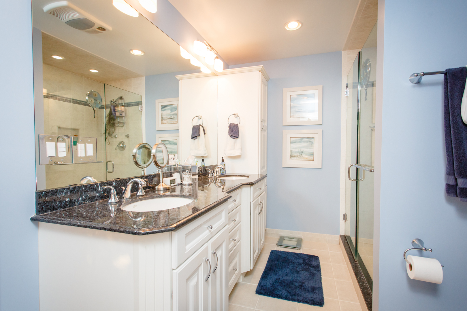 25 Mulberry Road Deerfield, IL 60015 - Photo 33 of 63 a bathroom with a double vanity sink a mirror and a shower
