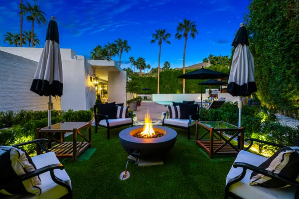a view of a backyard with plants and chairs