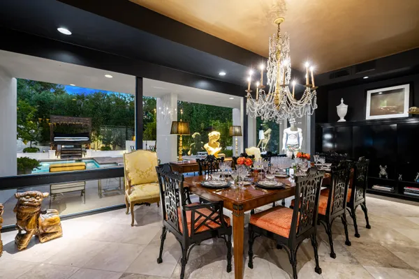 a view of a dining room with furniture window and outside view