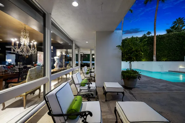 a building outdoor space with patio furniture