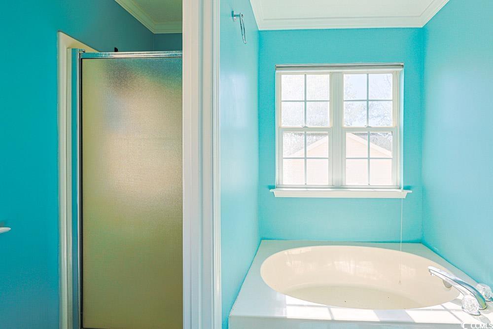 2033 Chadbury Lane Myrtle Beach, SC 29588 - Photo 18 of 39 Full bathroom with ornamental molding, a bath, and a shower stall