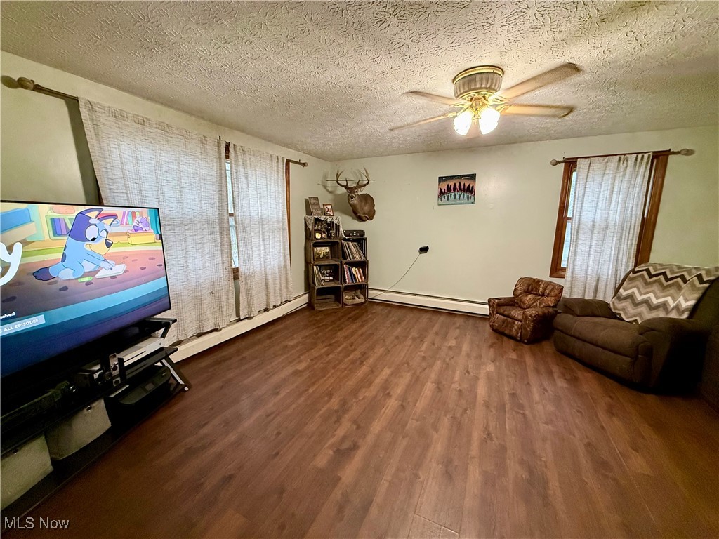 8195 Nichols Road Windham, OH 44288 - Photo 8 of 41 Living area with a baseboard radiator, a ceiling fan, wood finished floors, a textured ceiling, and a wealth of natural light