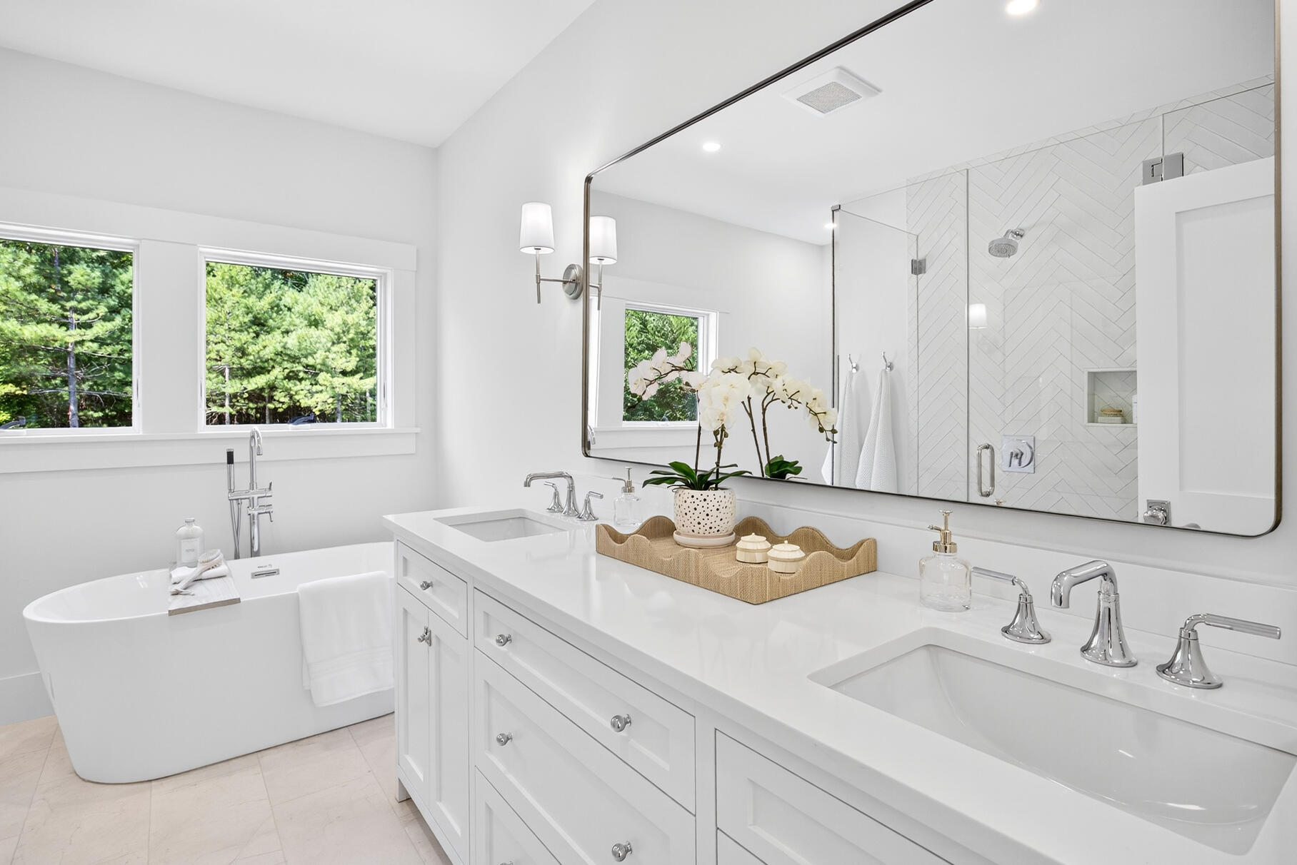 79 Rivers Edge Road East Falmouth, MA 02536 - Photo 38 of 104 a bathroom with double vanity sinks a mirror and a bathtub