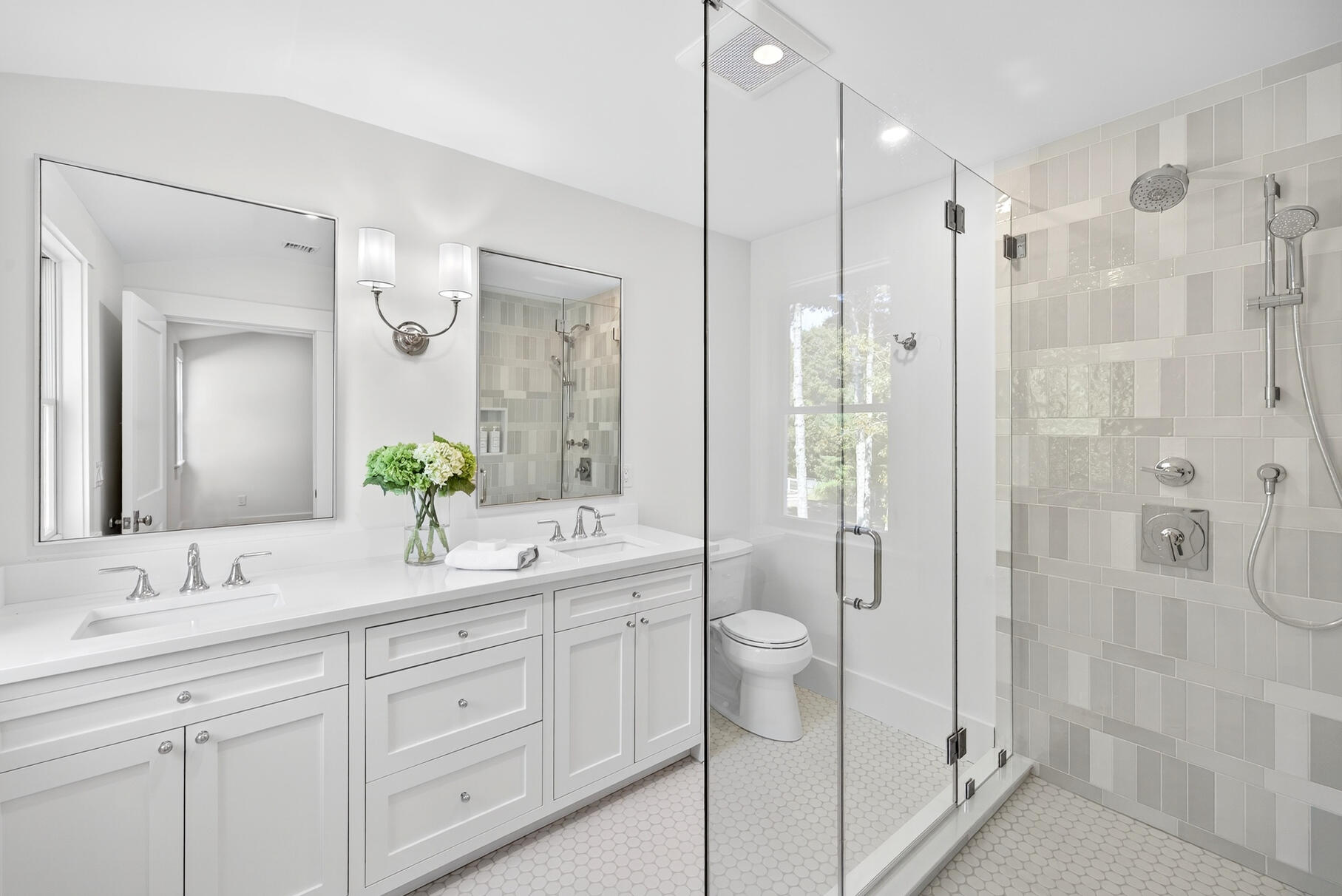 79 Rivers Edge Road East Falmouth, MA 02536 - Photo 58 of 104 a bathroom with a shower sink vanity granite and a mirror