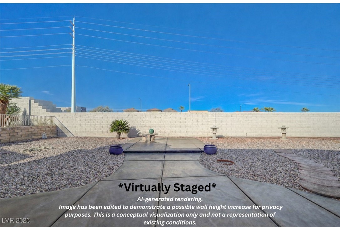 10020 Villa Ridge Drive Las Vegas, NV 89134 - Photo 47 of 47 AI-generated rendering.
Image has been edited to demonstrate a possible wall height increase for privacy purposes. This is a conceptual visualization only and not a representation of existing conditions.