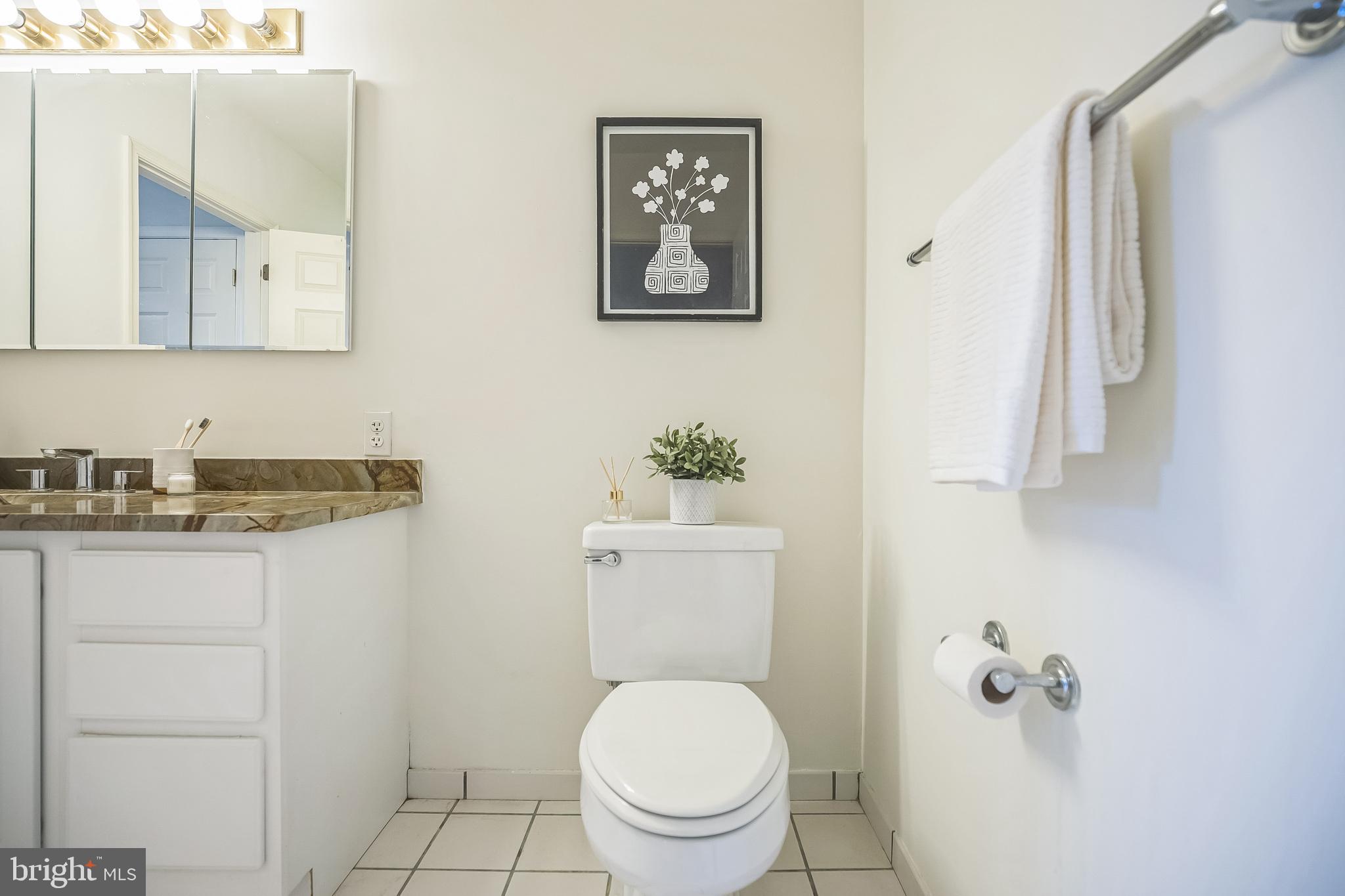 1600-18 Arch Street, Unit 1801 Philadelphia, PA 19103 - Photo 9 of 13 a bathroom with a granite countertop sink a toilet and a mirror