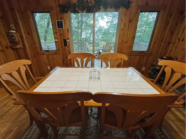 a view of a dining room with furniture window and outside view