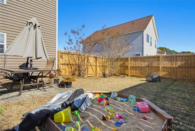 an outdoor space with furniture
