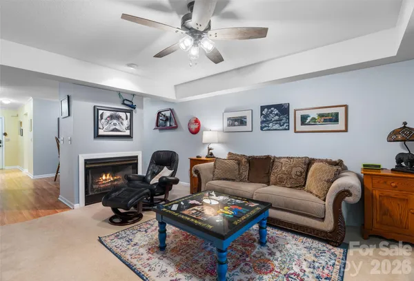 a living room with furniture a fireplace and a flat screen tv