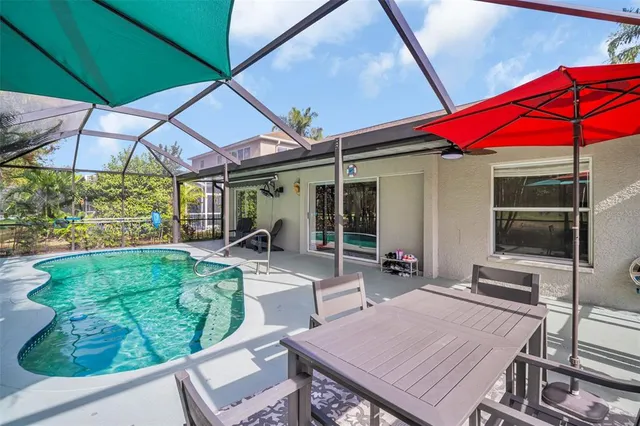 an outdoor space with furniture