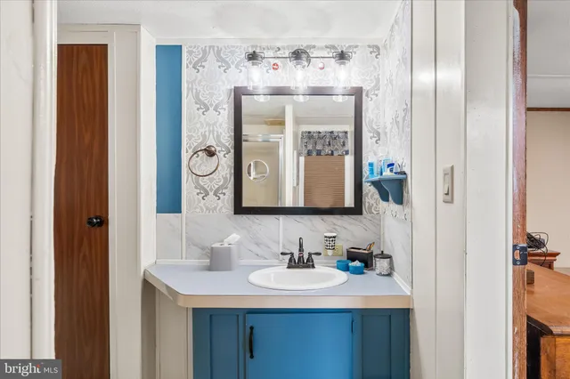 a bathroom with a sink and a mirror