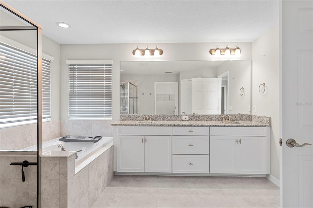 7537 Pool Compass Loop Wesley Chapel, FL 33545 - Photo 35 of 50 a bathroom with a granite countertop double vanity sink a mirror and a bathtub