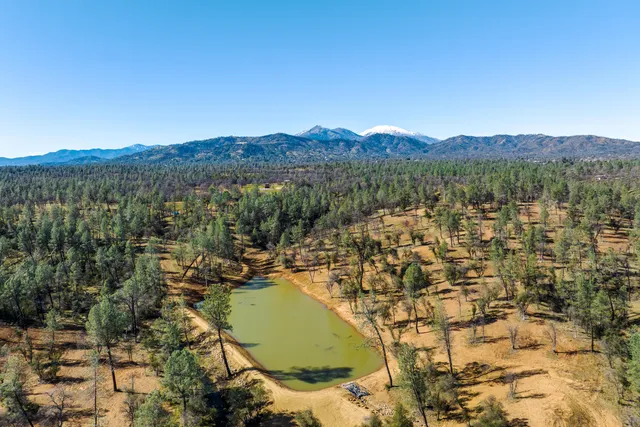 a view of a lake with houses in the back