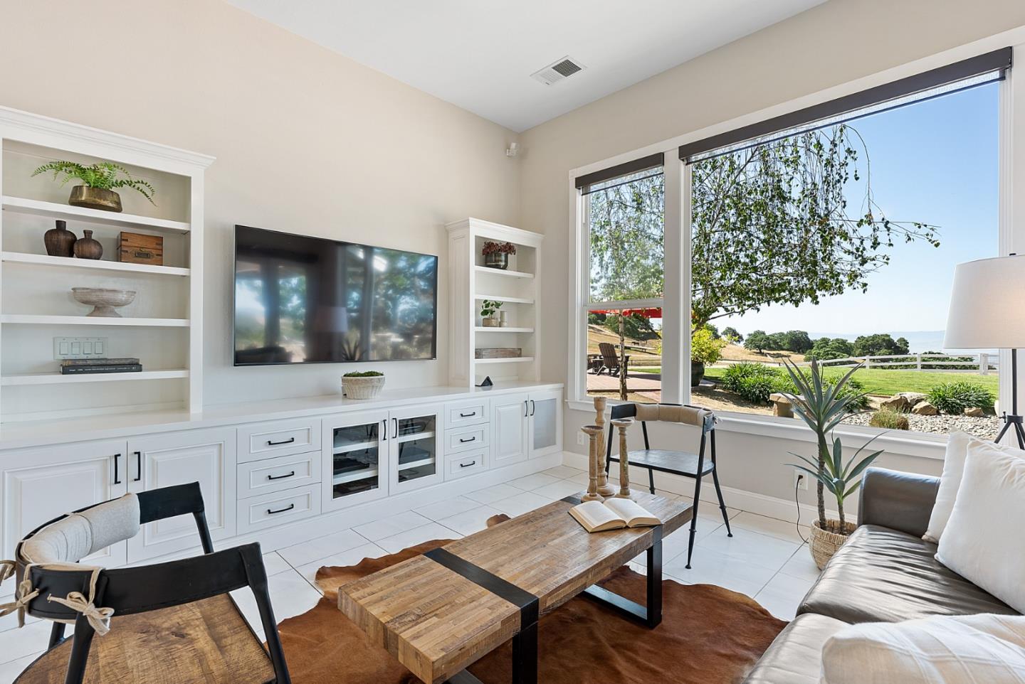 4460 Roop Road Gilroy, CA 95020 - Photo 17 of 68 a living room with furniture a flat screen tv and a floor to ceiling window