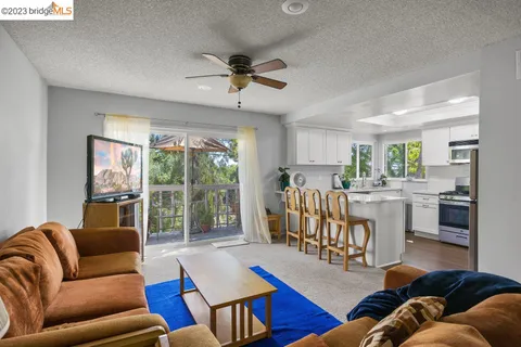 a living room with furniture two windows and a dining table