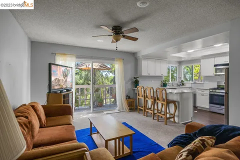 a living room with furniture a ceiling fan and a large window