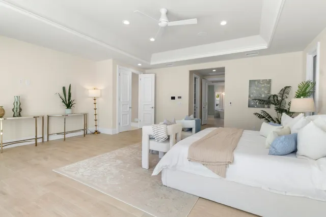 a spacious bedroom with a bed and a large window