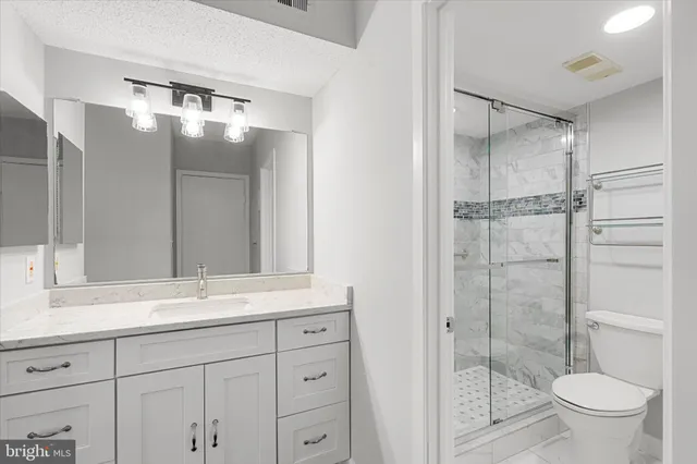 a bathroom with a shower sink vanity mirror and toilet