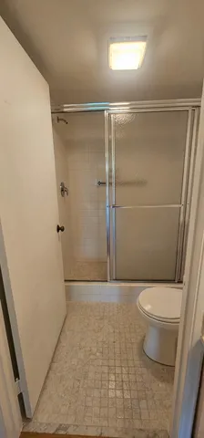 a bathroom with a toilet and a shower