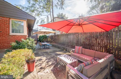a backyard of a house with table and chairs