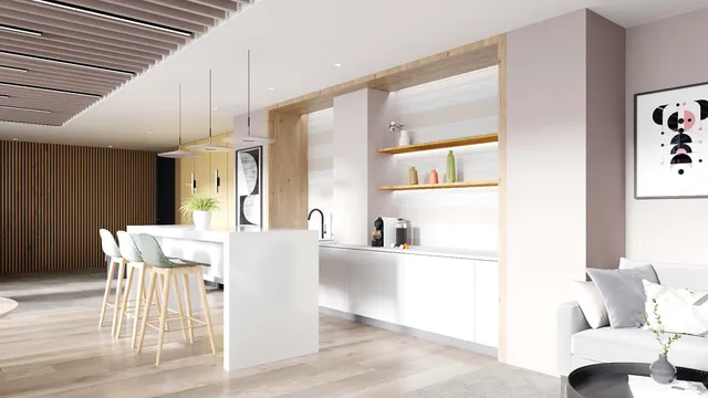 a living room with kitchen island a table and chairs