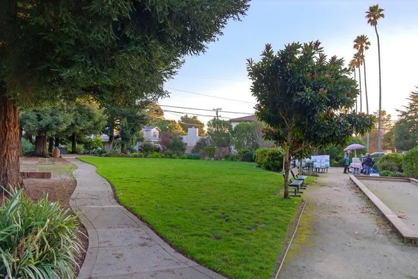 a view of a park with bench plants and trees