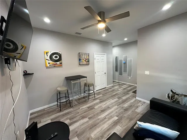 a workspace with furniture and window