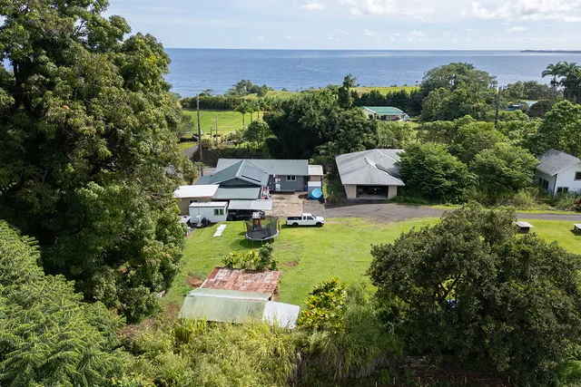 an aerial view of a house with a garden