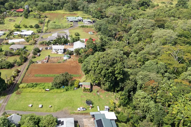 an aerial view of residential houses with outdoor space and trees all around