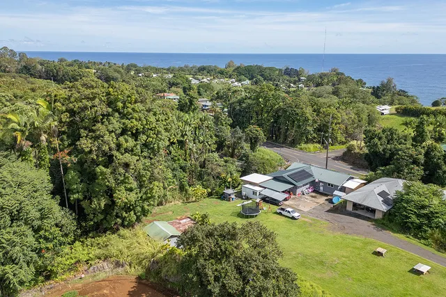 an aerial view of a house with a yard