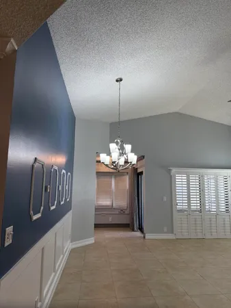 a view of a lobby with a chandelier