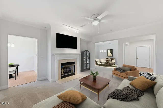 a living room with a fireplace