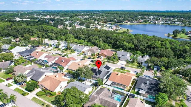 a view of a lake with a house